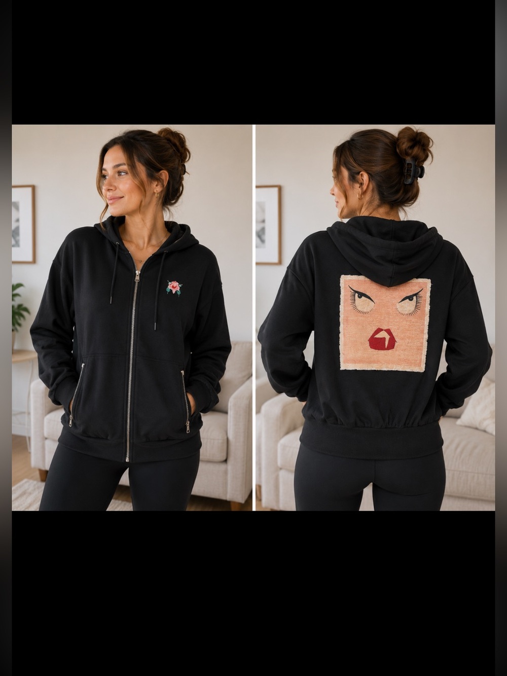 Badgley Mischka Black Zip-Up Hoodie with Floral Embroidered Motif